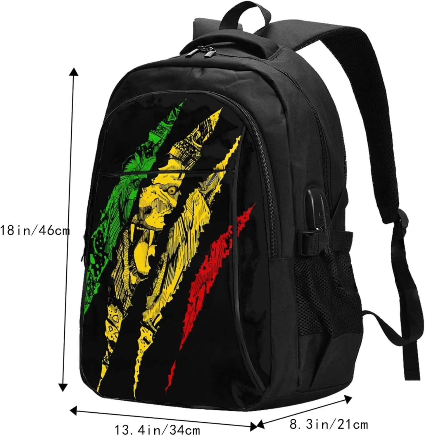 Reggae Lion Jamaica Flag Casual Travel Backpacks Hiking Camping Backpack Large Outdoor Sport Daypack Laptop Rucksack Climbing Working Bags with USB Port
