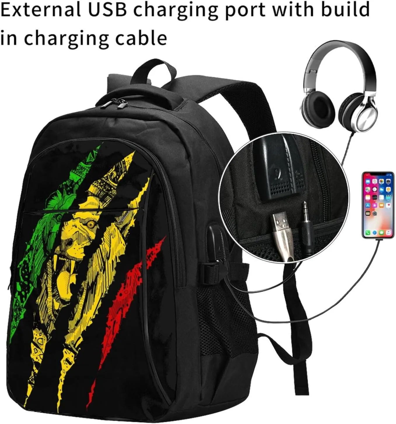 Reggae Lion Jamaica Flag Casual Travel Backpacks Hiking Camping Backpack Large Outdoor Sport Daypack Laptop Rucksack Climbing Working Bags with USB Port