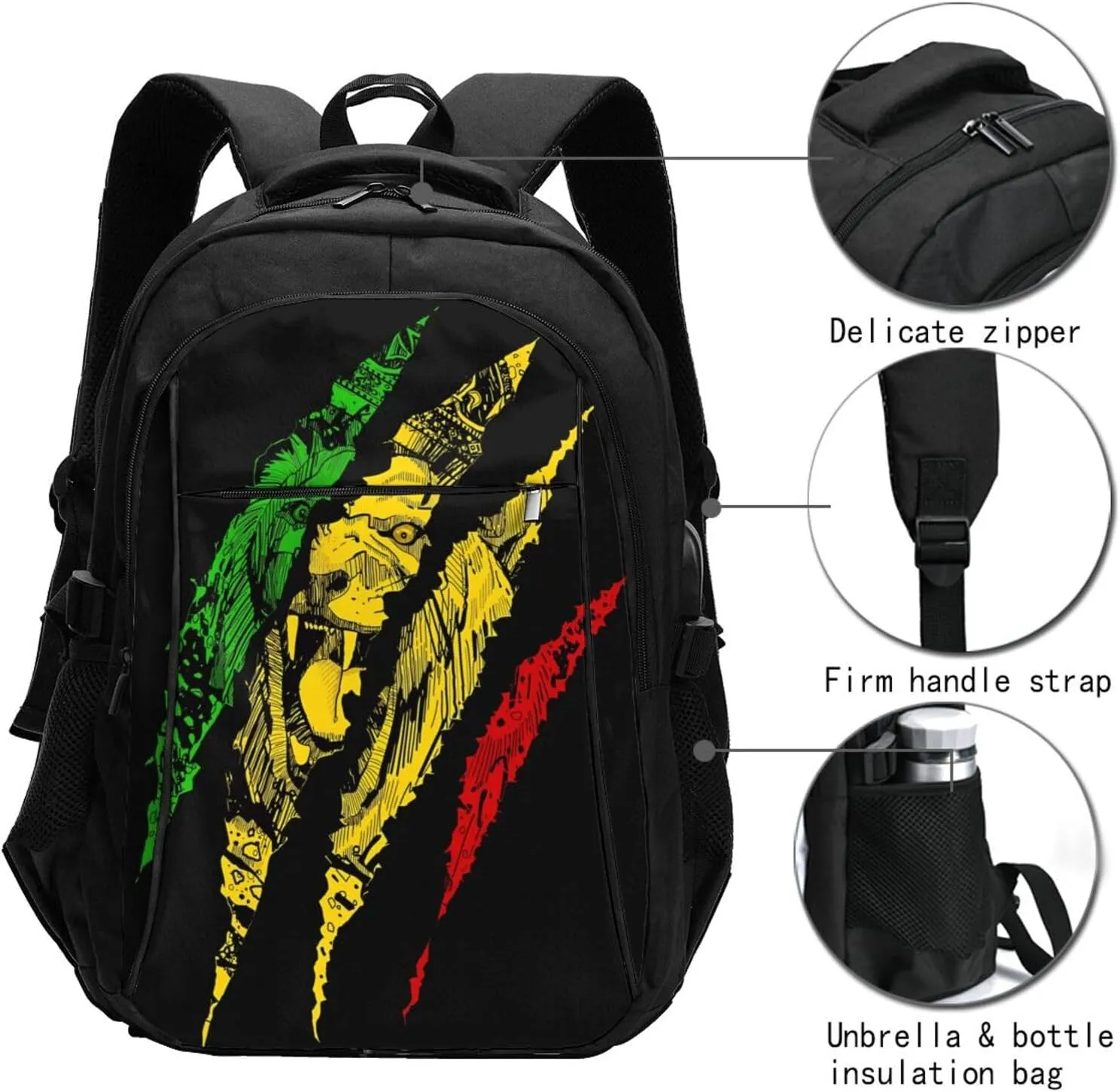 Reggae Lion Jamaica Flag Casual Travel Backpacks Hiking Camping Backpack Large Outdoor Sport Daypack Laptop Rucksack Climbing Working Bags with USB Port