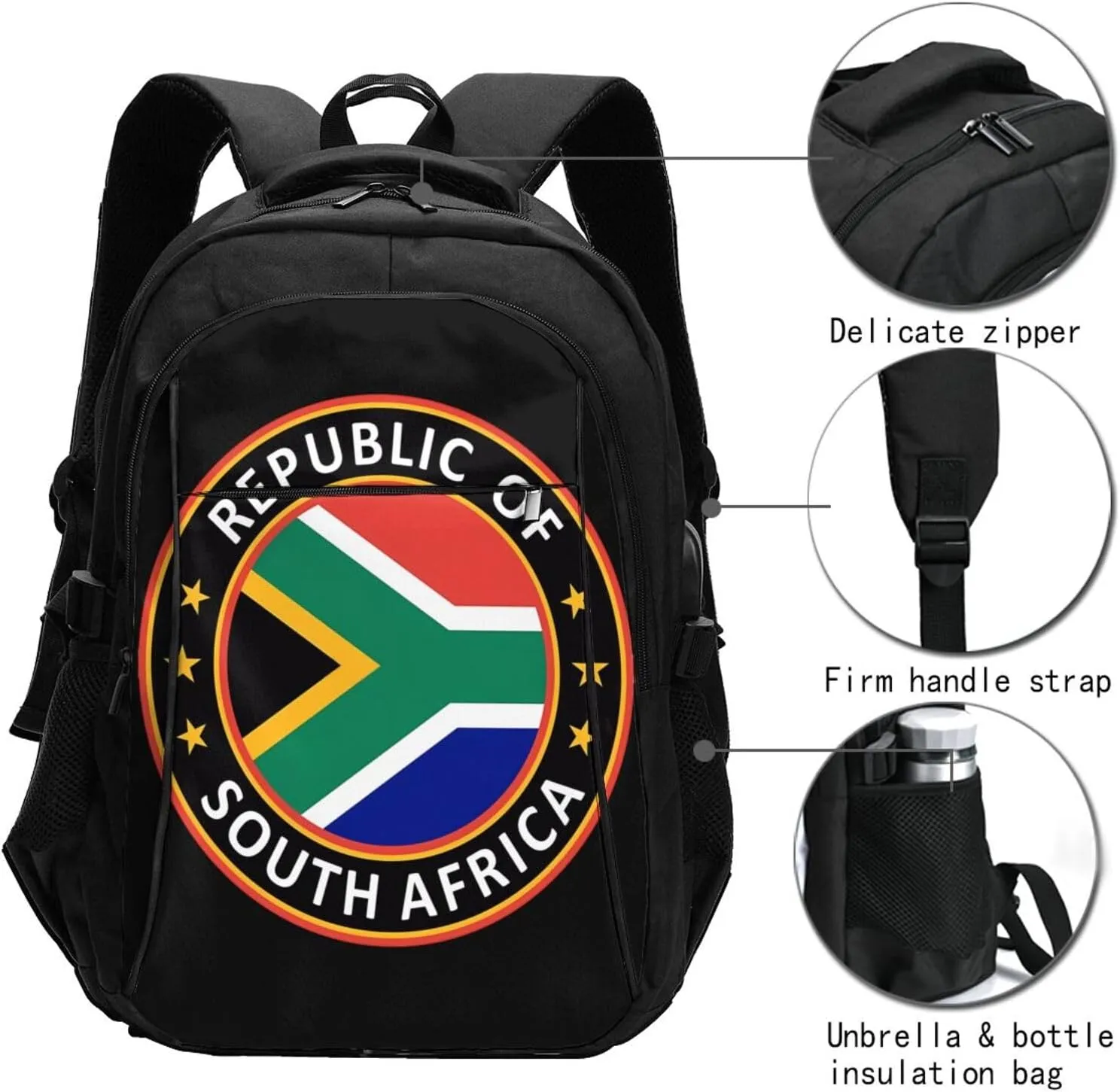 Republic of South Africa Business Laptop Backpack Travel Backpacks Outdoor Rucksack Large Bag Daypack with USB Charging Port Multi-Pocket for Hiking Camping