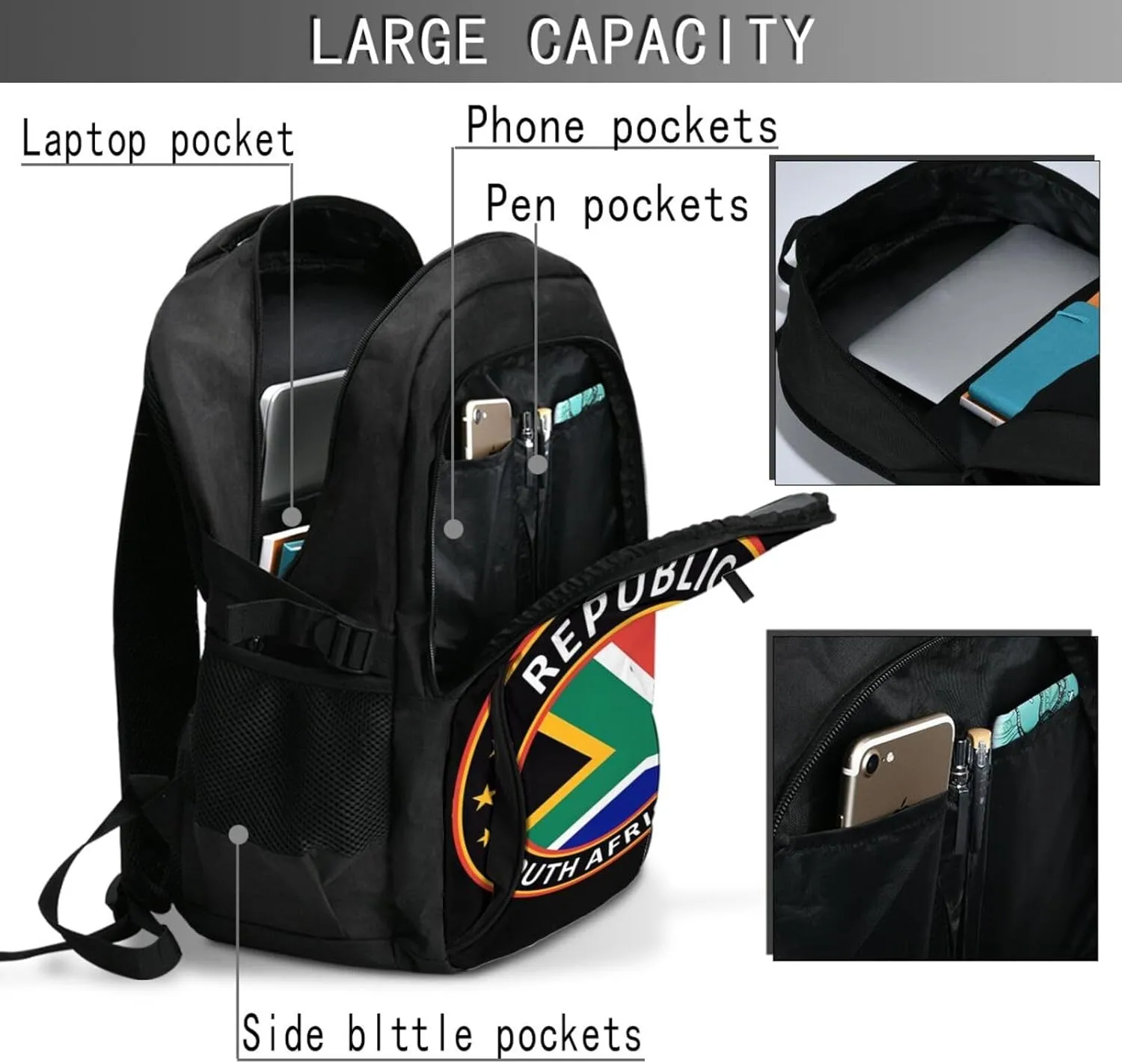 Republic of South Africa Business Laptop Backpack Travel Backpacks Outdoor Rucksack Large Bag Daypack with USB Charging Port Multi-Pocket for Hiking Camping