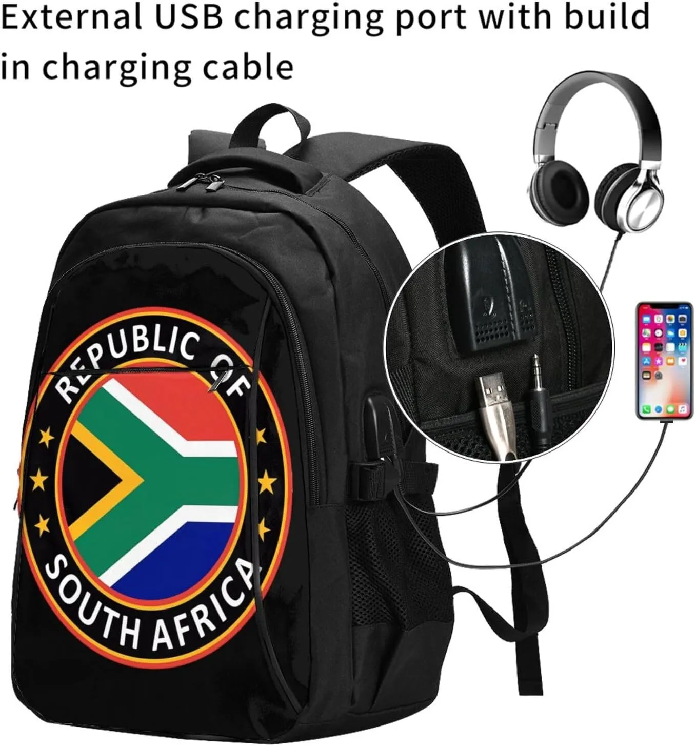 Republic of South Africa Business Laptop Backpack Travel Backpacks Outdoor Rucksack Large Bag Daypack with USB Charging Port Multi-Pocket for Hiking Camping