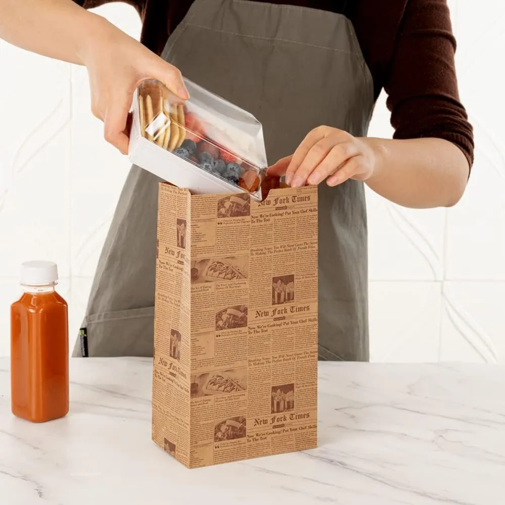 Restaurantware Bag Tek 8 Lb Disposable Lunch Bags 100 Sturdy Take Out Bags - Flat Bottom Microwavable Kraft Newsprint Design Paper Bags Freezable Great For Restaurants Cafes And Bakeries