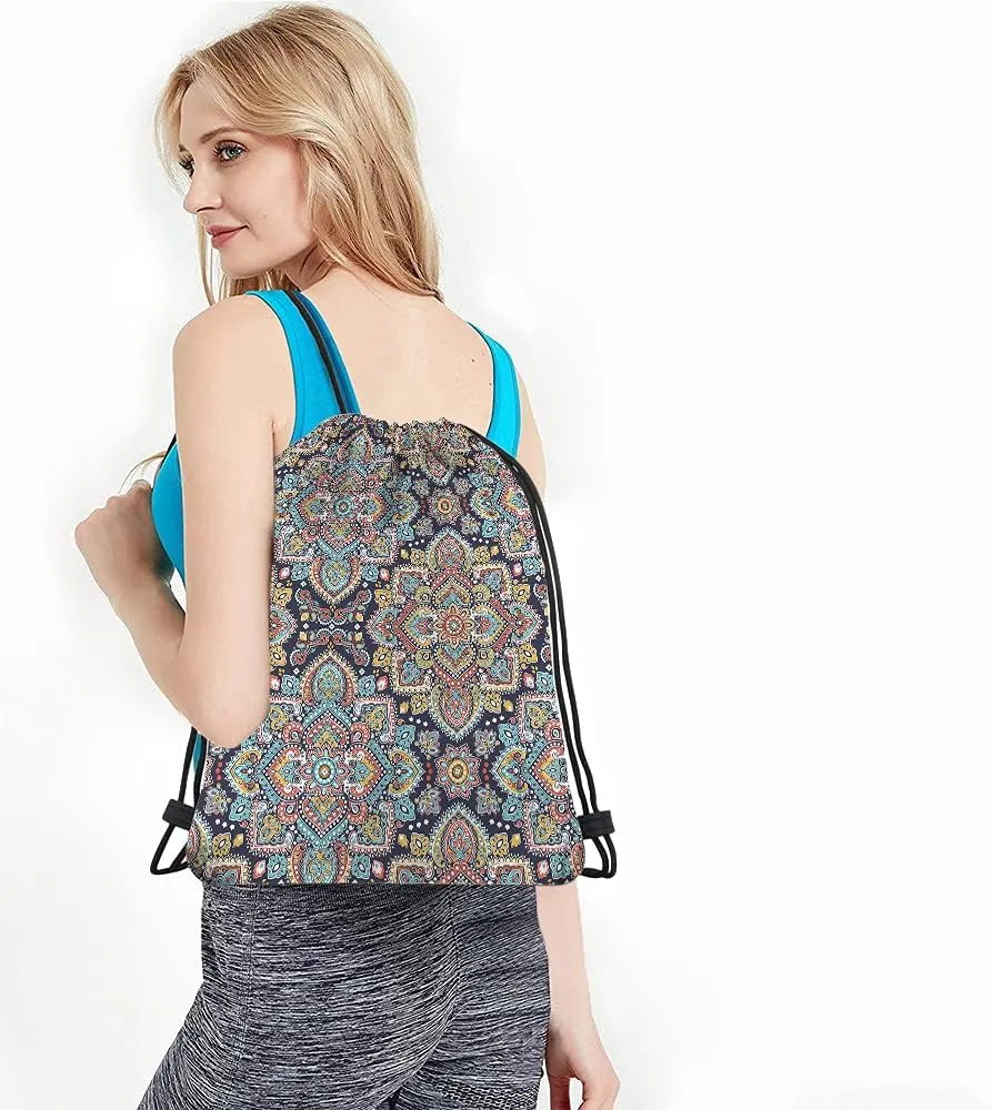 Retro Medallion Mandala Drawstring Backpack Bag - Art Ethnic Ornament Boho Bohemian Floral Paisley Sport Gym Sack String Yoga Bag for Men Women