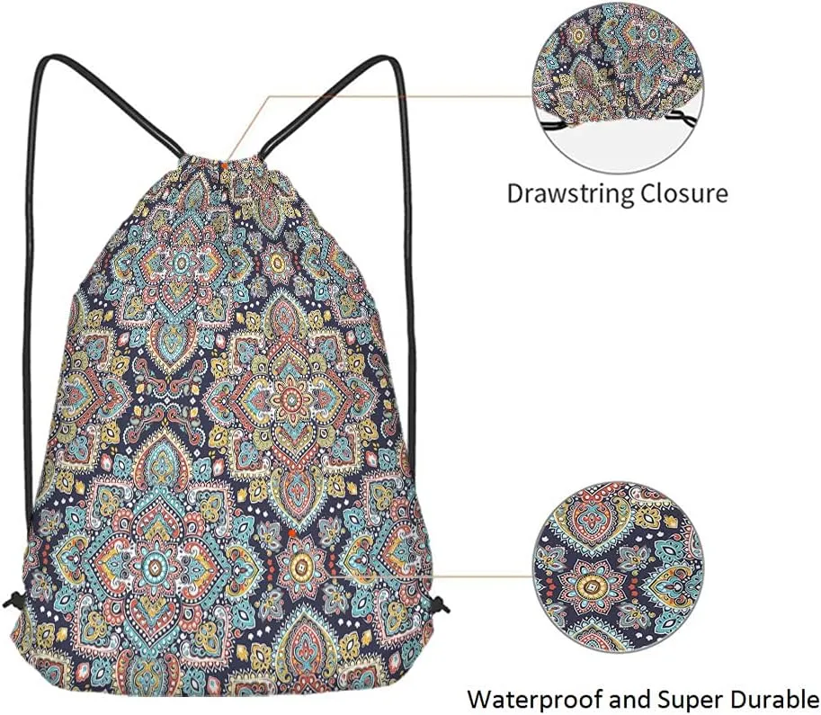 Retro Medallion Mandala Drawstring Backpack Bag - Art Ethnic Ornament Boho Bohemian Floral Paisley Sport Gym Sack String Yoga Bag for Men Women