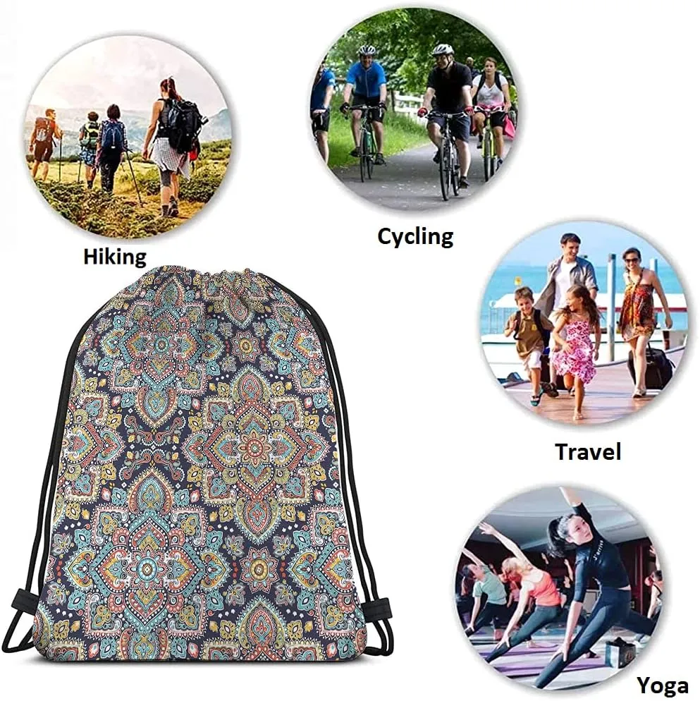 Retro Medallion Mandala Drawstring Backpack Bag - Art Ethnic Ornament Boho Bohemian Floral Paisley Sport Gym Sack String Yoga Bag for Men Women