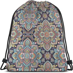 Retro Medallion Mandala Drawstring Backpack Bag - Art Ethnic Ornament Boho Bohemian Floral Paisley Sport Gym Sack String Yoga Bag for Men Women