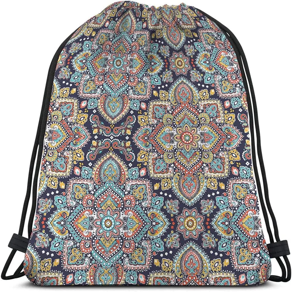 Retro Medallion Mandala Drawstring Backpack Bag - Art Ethnic Ornament Boho Bohemian Floral Paisley Sport Gym Sack String Yoga Bag for Men Women
