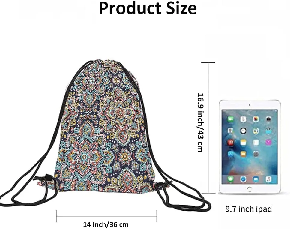 Retro Medallion Mandala Drawstring Backpack Bag - Art Ethnic Ornament Boho Bohemian Floral Paisley Sport Gym Sack String Yoga Bag for Men Women