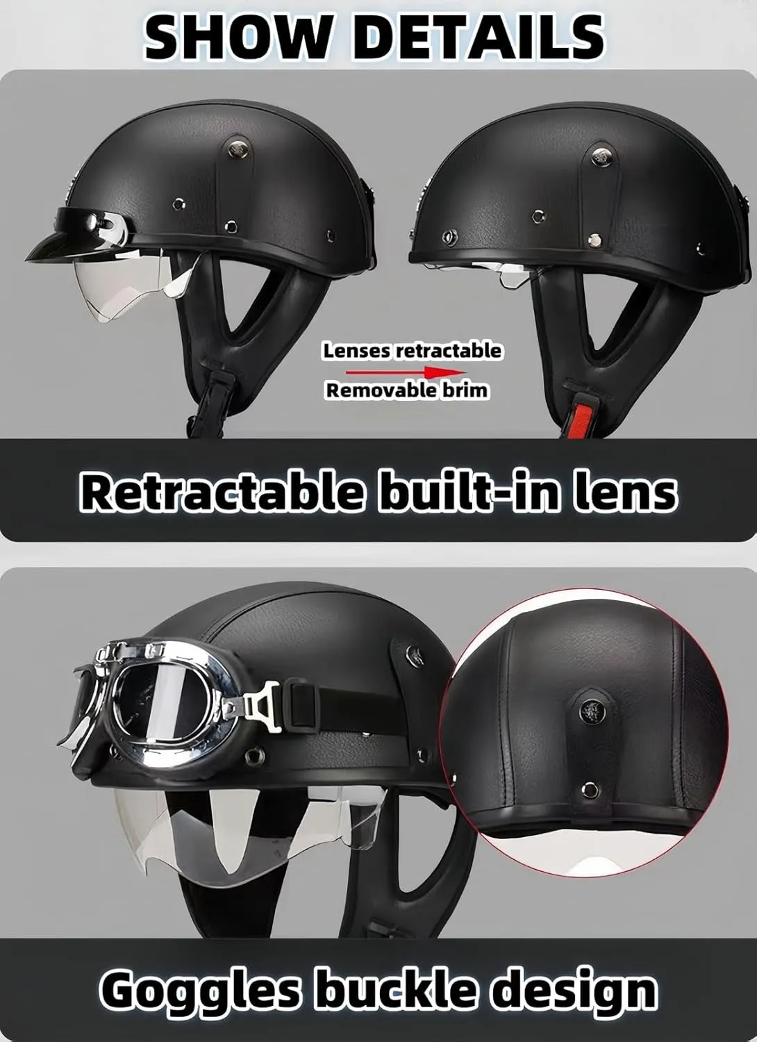 Retro Motorcycle Half Helmets Motorcycle Helmet for Men and Women DOT/ECE Certification Jet Helmet with Visor Half Shell Helmet Braincap for Bike Cruiser Chopper Moped Scooter