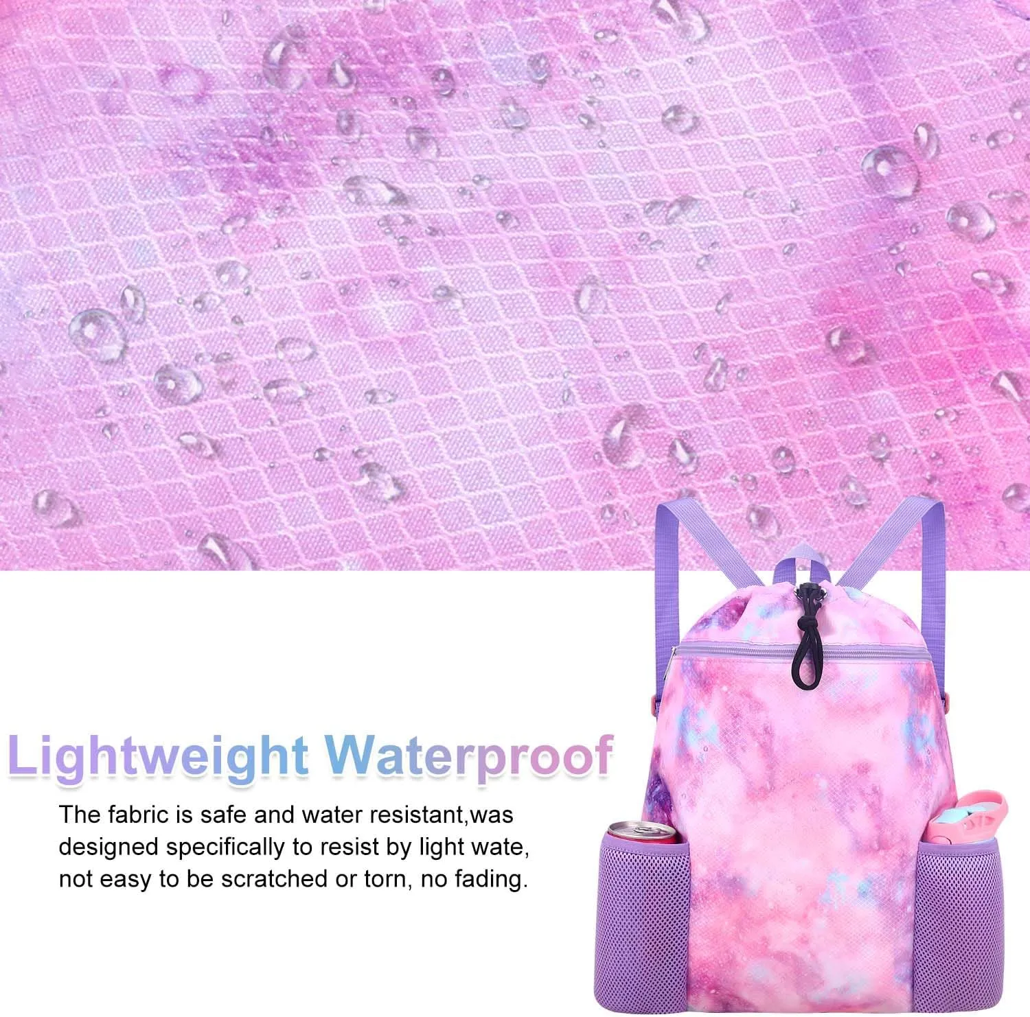 RHCPFOVR Galaxy Swim Bag for Girls - Drawstring Backpack for Kids Swim Bag for Beach Swimming Pool Lightweight Draw String Bags Waterproof Sports Gym With Two Water Bottle Holder