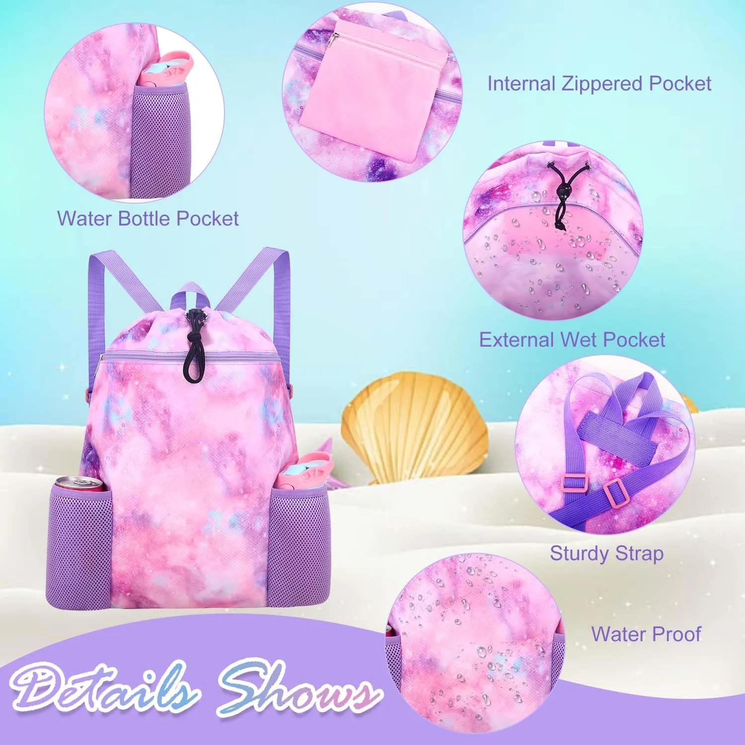RHCPFOVR Galaxy Swim Bag for Girls - Drawstring Backpack for Kids Swim Bag for Beach Swimming Pool Lightweight Draw String Bags Waterproof Sports Gym With Two Water Bottle Holder