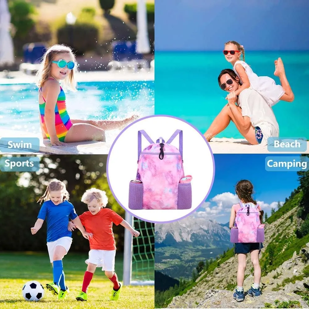 RHCPFOVR Galaxy Swim Bag for Girls - Drawstring Backpack for Kids Swim Bag for Beach Swimming Pool Lightweight Draw String Bags Waterproof Sports Gym With Two Water Bottle Holder