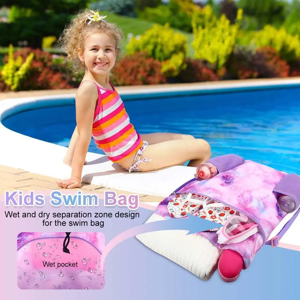 RHCPFOVR Galaxy Swim Bag for Girls - Drawstring Backpack for Kids Swim Bag for Beach Swimming Pool Lightweight Draw String Bags Waterproof Sports Gym With Two Water Bottle Holder