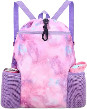 RHCPFOVR Galaxy Swim Bag for Girls - Drawstring Backpack for Kids Swim Bag for Beach Swimming Pool Lightweight Draw String Bags Waterproof Sports Gym With Two Water Bottle Holder