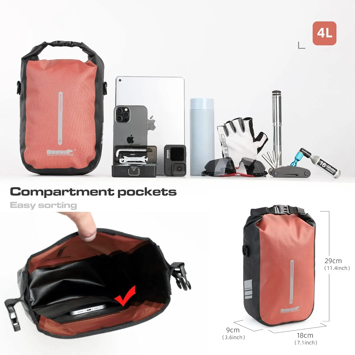Rhinowalk Bike front fork Waterproof Bag Bike Pannier Bag Saddle Bag Fork Bag Rack Bicycle Bag Shoulder Bag for E-Scooter Mountain Bike Accessories [Orange 4L]