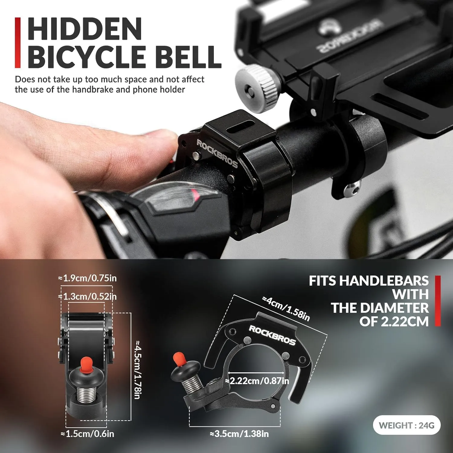 ROCKBROS Bike Bells Hidden MTB Bells Bicycle Bells for 22.2mm Handlebars, More Than 100dB, Clear & Long Sound Ringer, Mountain Bike, Scooter, Youth Bike