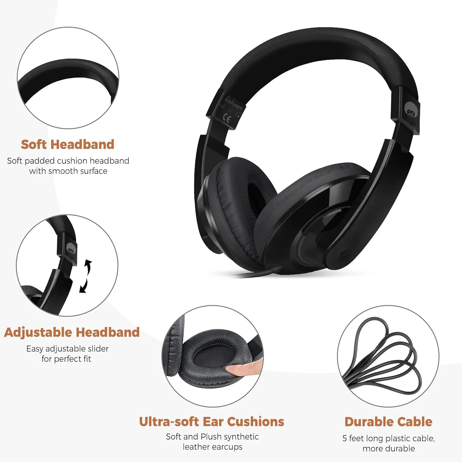 rockpapa Comfort Kids Headphones for School, Lightweight Childrens Boys Girls Teens Over-Ear Headphones Wired 3.5mm for CD DVD Player Tablet Phone Travel Black