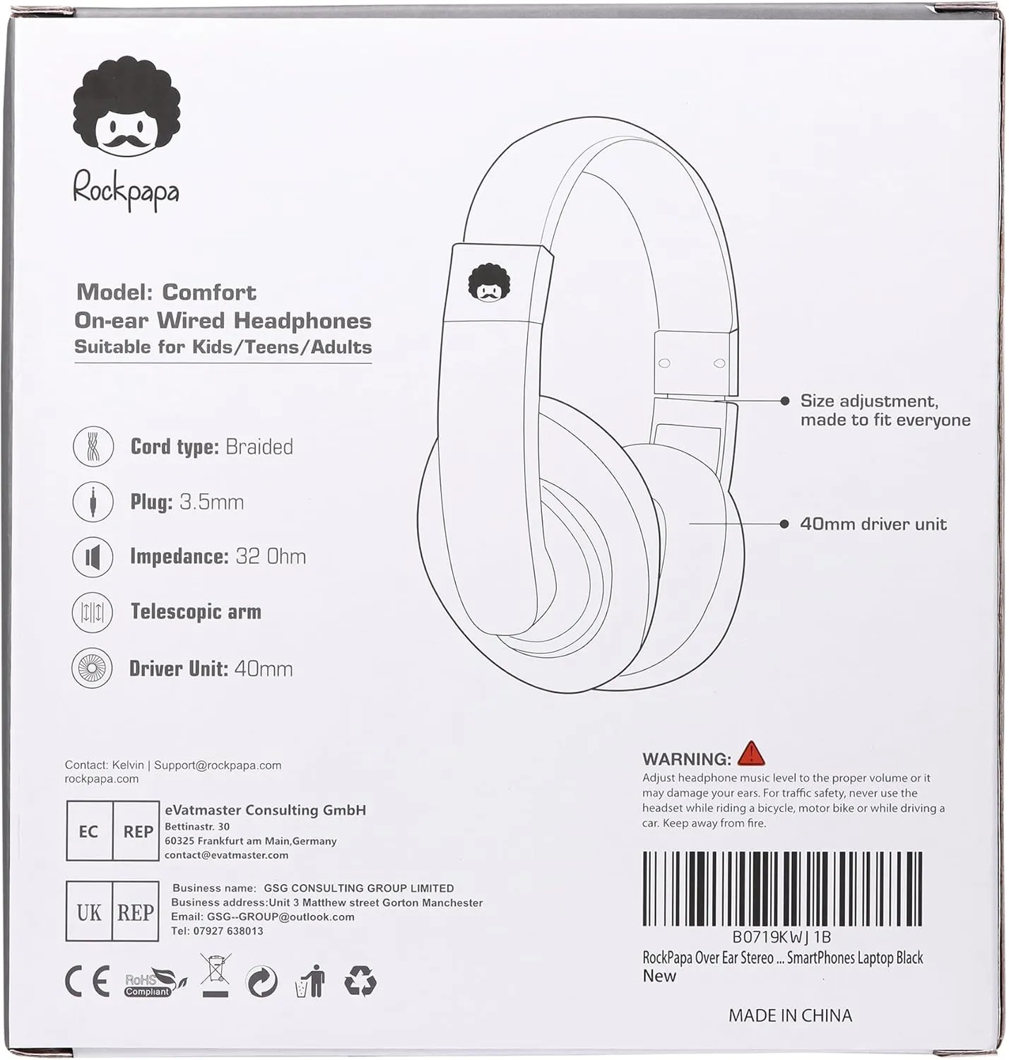 rockpapa Comfort Kids Headphones for School, Lightweight Childrens Boys Girls Teens Over-Ear Headphones Wired 3.5mm for CD DVD Player Tablet Phone Travel Black