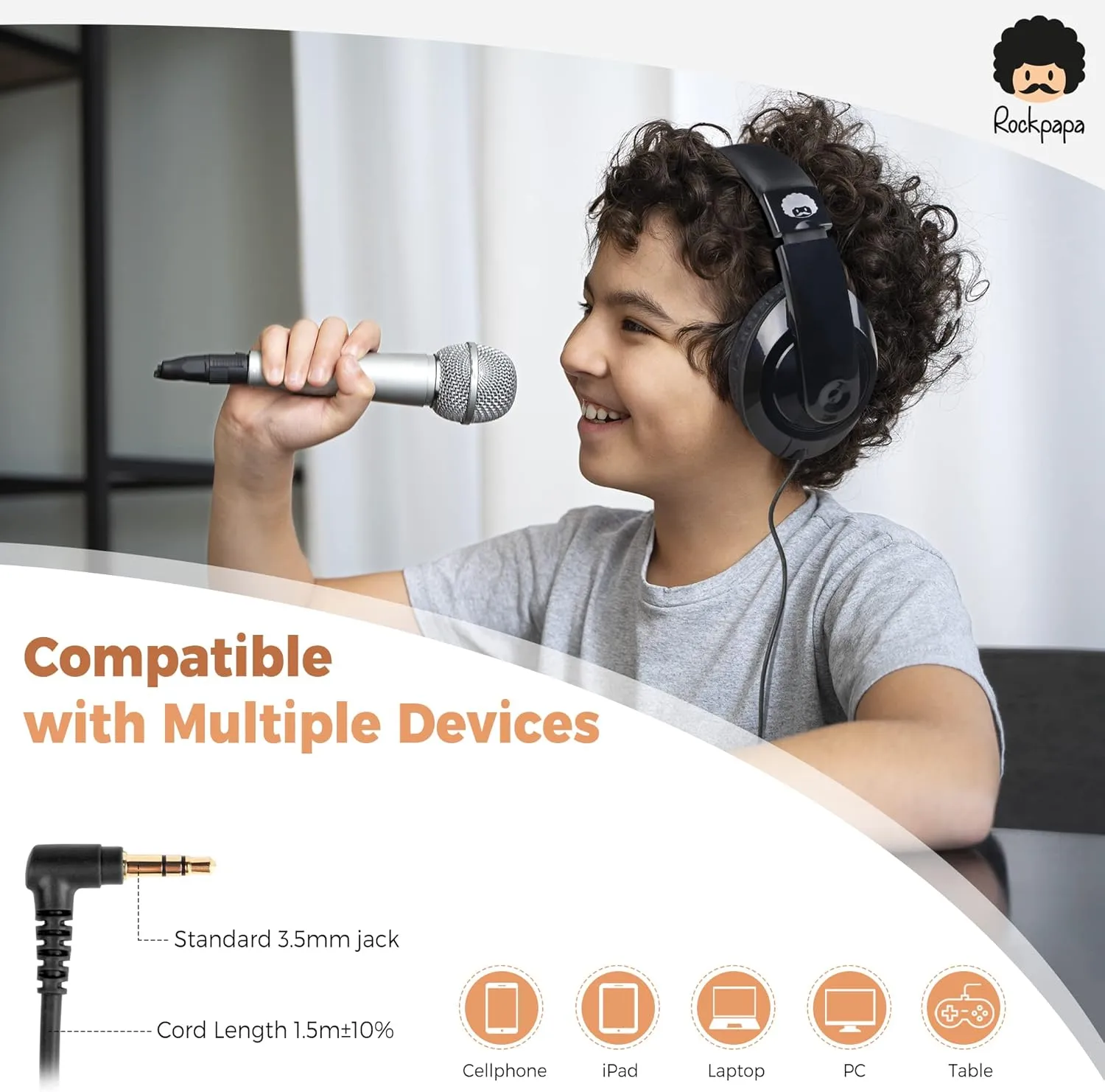 rockpapa Comfort Kids Headphones for School, Lightweight Childrens Boys Girls Teens Over-Ear Headphones Wired 3.5mm for CD DVD Player Tablet Phone Travel Black