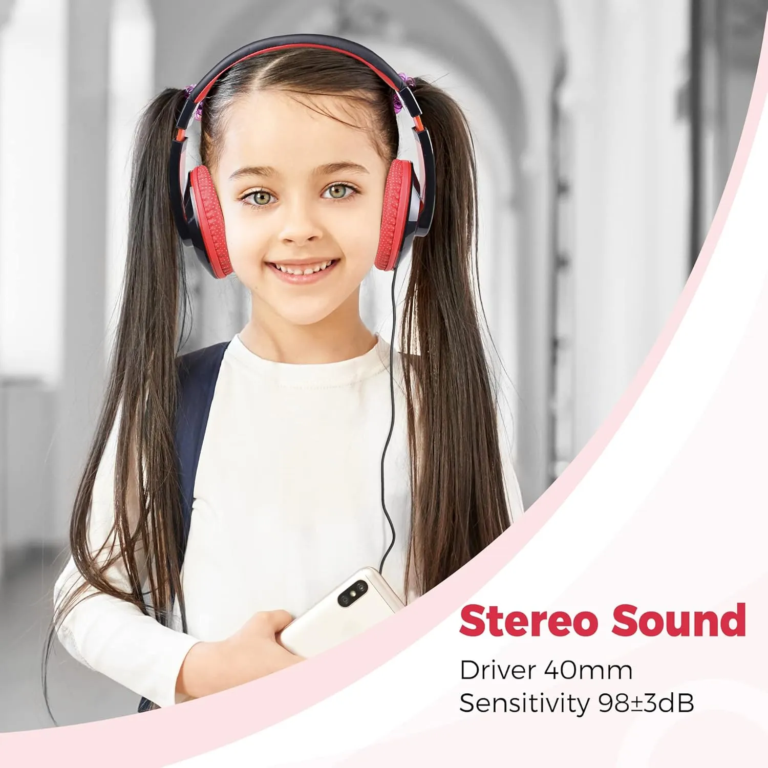 rockpapa Comfort Kids Headphones for School, Lightweight Childrens Boys Girls Teens Over-Ear Headphones Wired 3.5mm for CD DVD Player Tablet Phone Travel Black/Red
