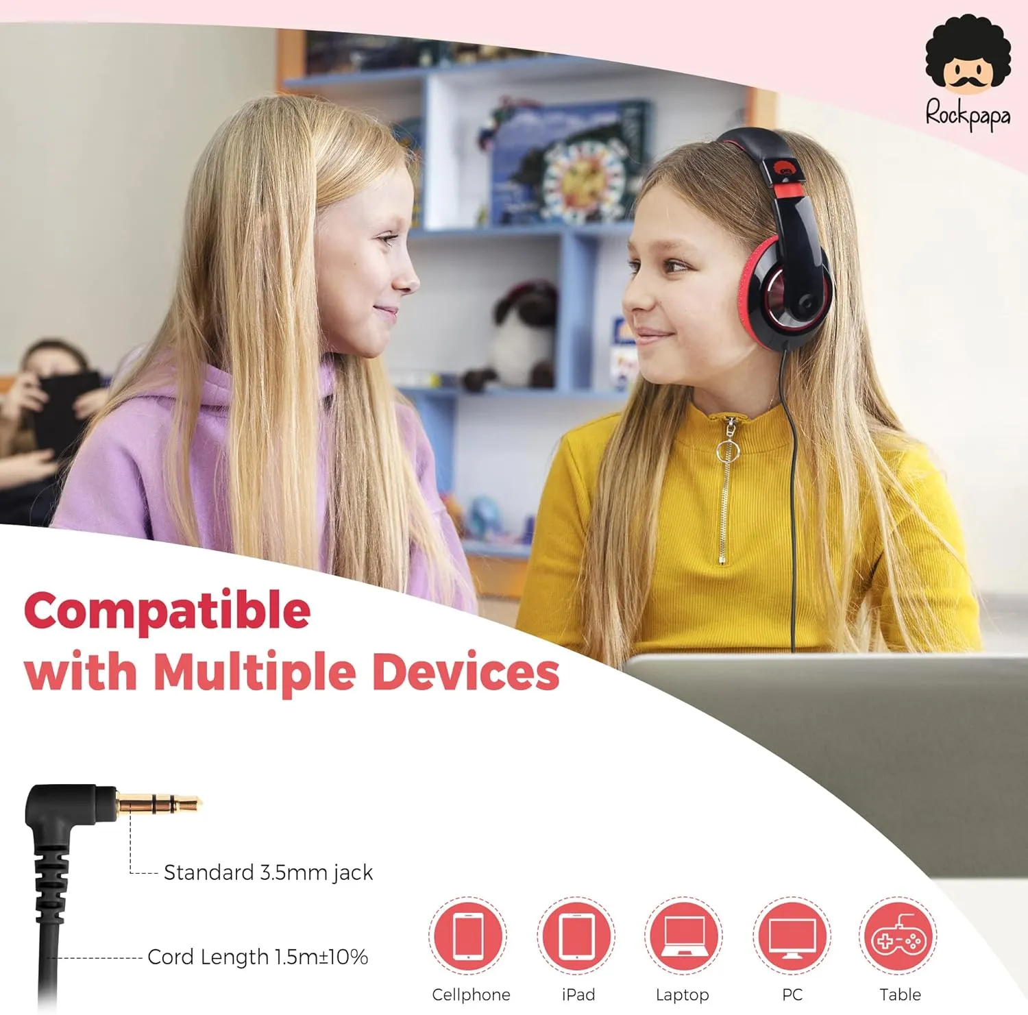 rockpapa Comfort Kids Headphones for School, Lightweight Childrens Boys Girls Teens Over-Ear Headphones Wired 3.5mm for CD DVD Player Tablet Phone Travel Black/Red