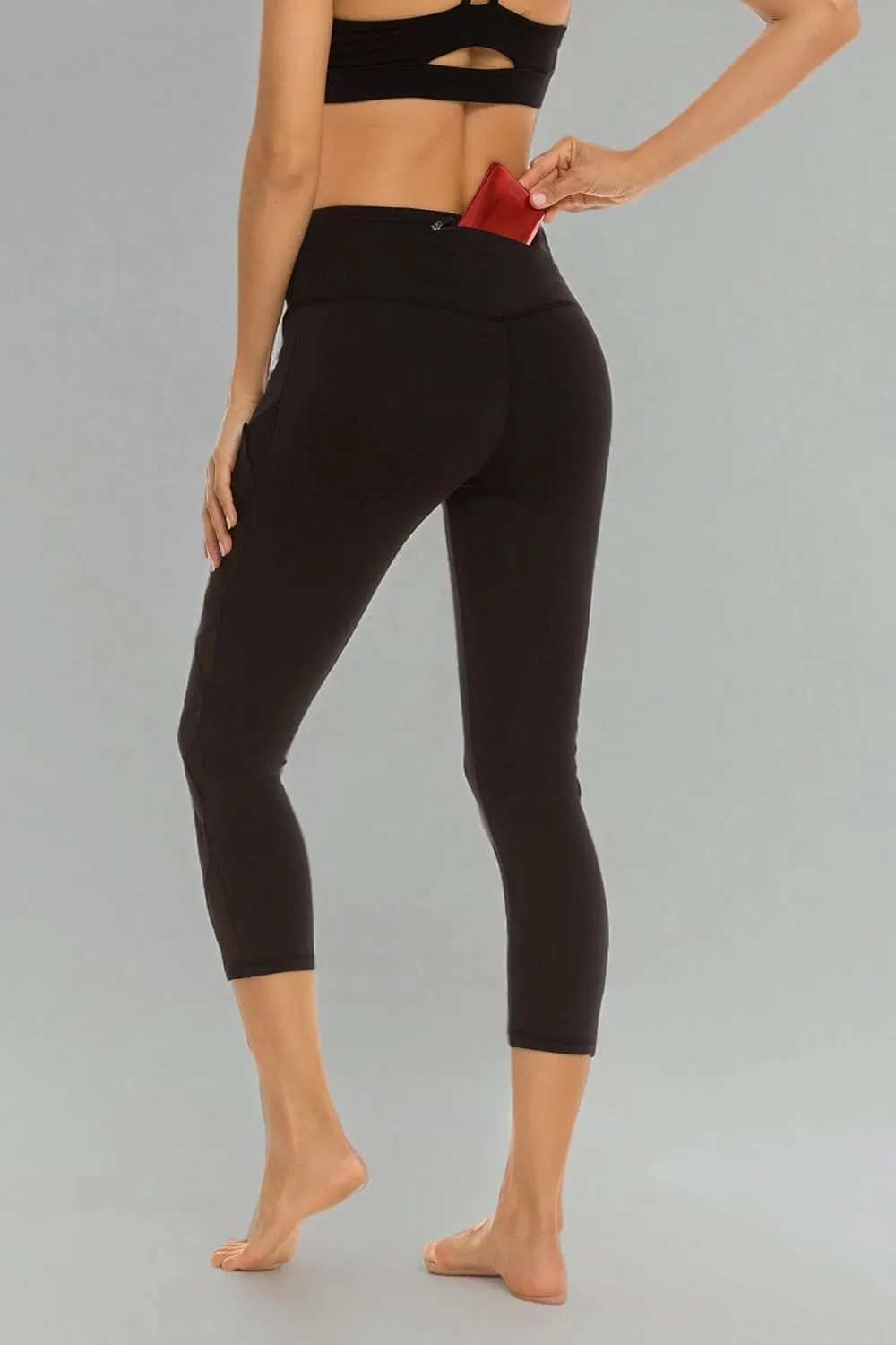 romansong Women's Mesh Leggings Yoga Pants with Pocket, Non See-Through Capri High Waisted Tummy Control 4 Way Stretch
