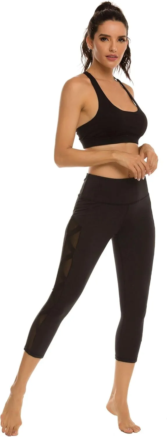 romansong Women's Mesh Leggings Yoga Pants with Pocket, Non See-Through Capri High Waisted Tummy Control 4 Way Stretch