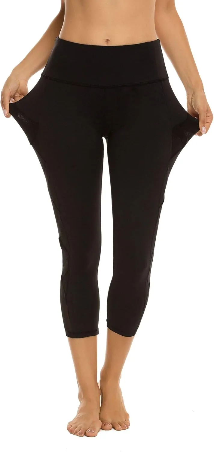 romansong Women's Mesh Leggings Yoga Pants with Pocket, Non See-Through Capri High Waisted Tummy Control 4 Way Stretch
