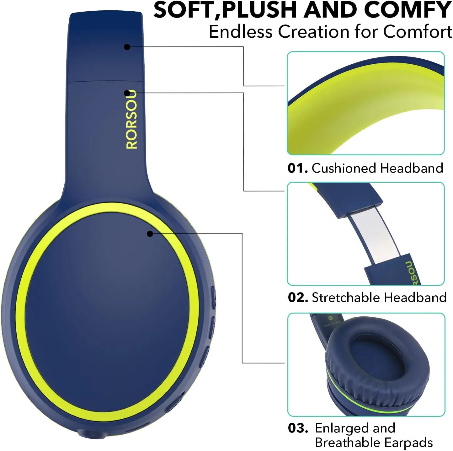 RORSOU B10 Wireless Bluetooth Over-Ear Headphones, Lightweight Folding Stereo Bass Headset with Mic, 50H Playtime, Volume Control, Bluetooth 5.3 Headphones for iPad/Travel/Tablet/PC (Blue)
