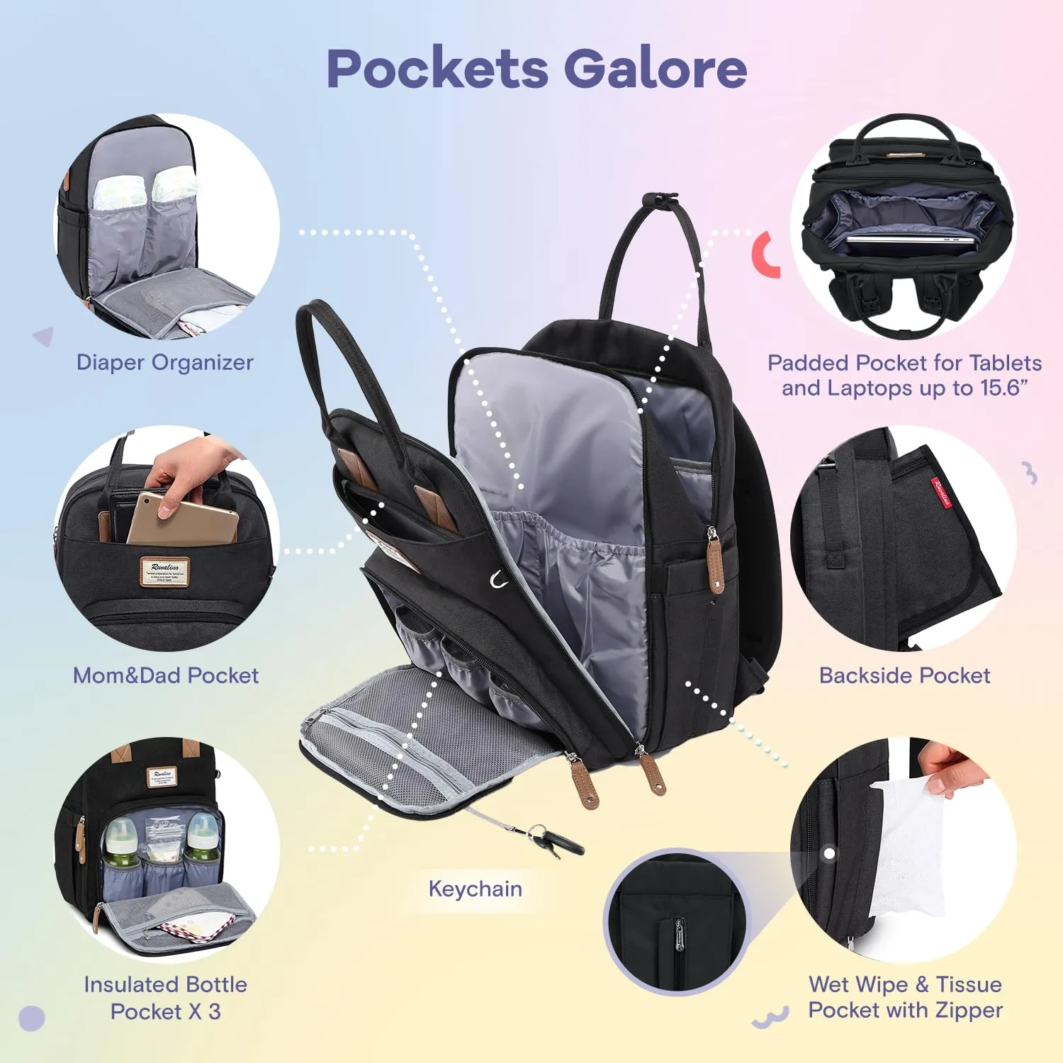 RUVALINO Diaper Bag Backpack, Multifunction Travel Pack Maternity Baby Changing Bags, Large Capacity, Waterproof, Black