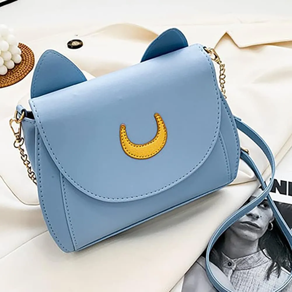 Sailor Anime Luna Crossbody Messenger Bag With Cat Ears, Women’s Moon Purses Satchel, Kawaii PU Leather Cosplay Shoulder Bag