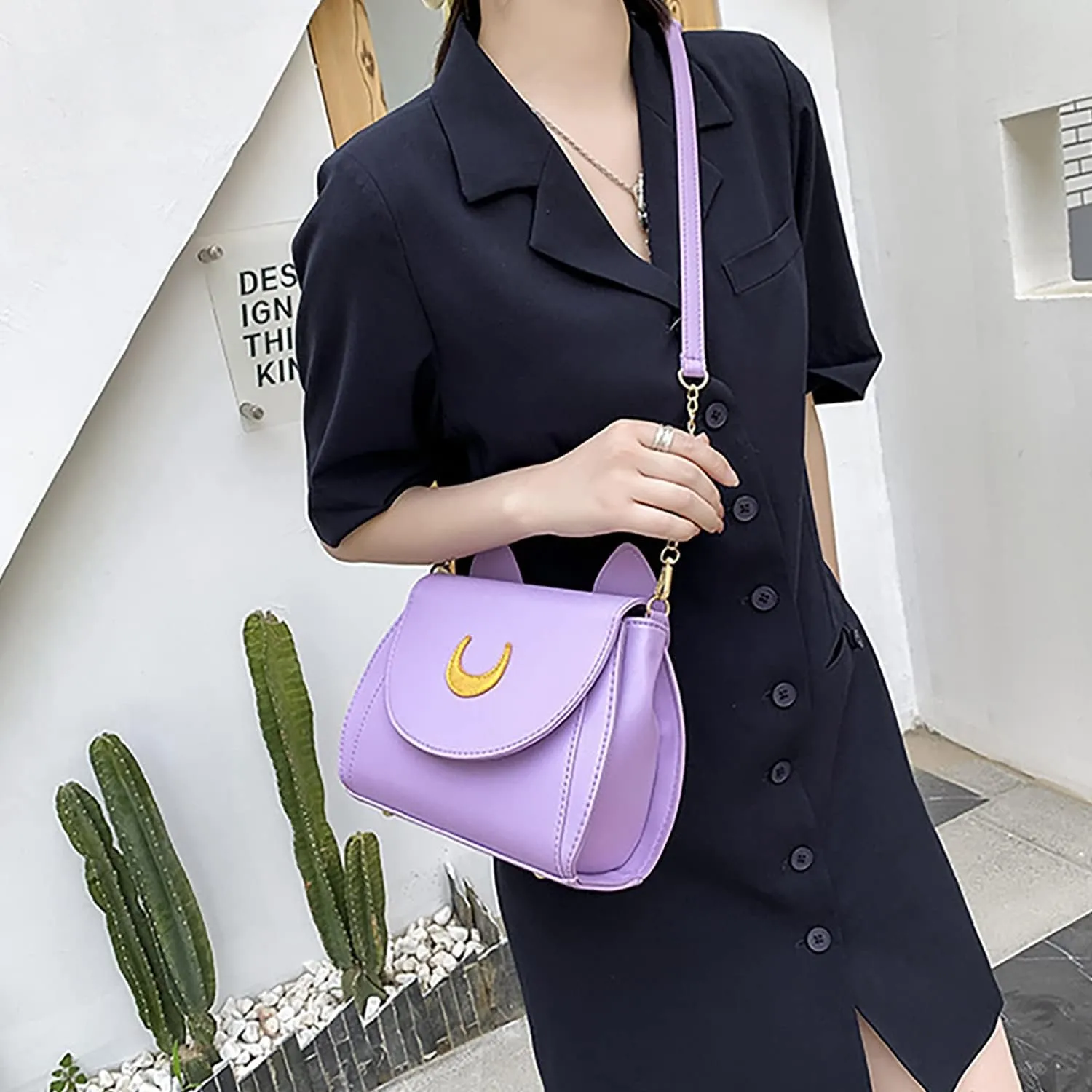 Sailor Anime Luna Crossbody Messenger Bag With Cat Ears, Women’s Moon Purses Satchel, Kawaii PU Leather Cosplay Shoulder Bag