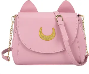 Sailor Anime Luna Crossbody Messenger Bag With Cat Ears, Women’s Moon Purses Satchel, Kawaii PU Leather Cosplay Shoulder Bag