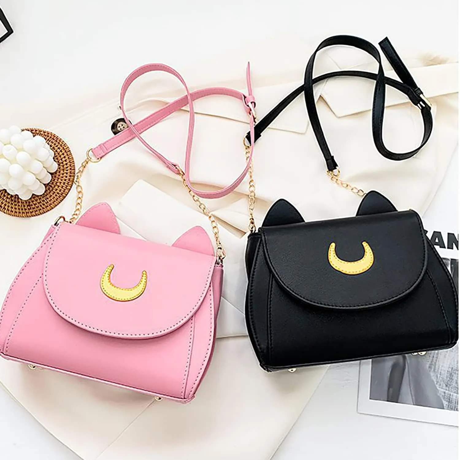 Sailor Anime Luna Crossbody Messenger Bag With Cat Ears, Women’s Moon Purses Satchel, Kawaii PU Leather Cosplay Shoulder Bag