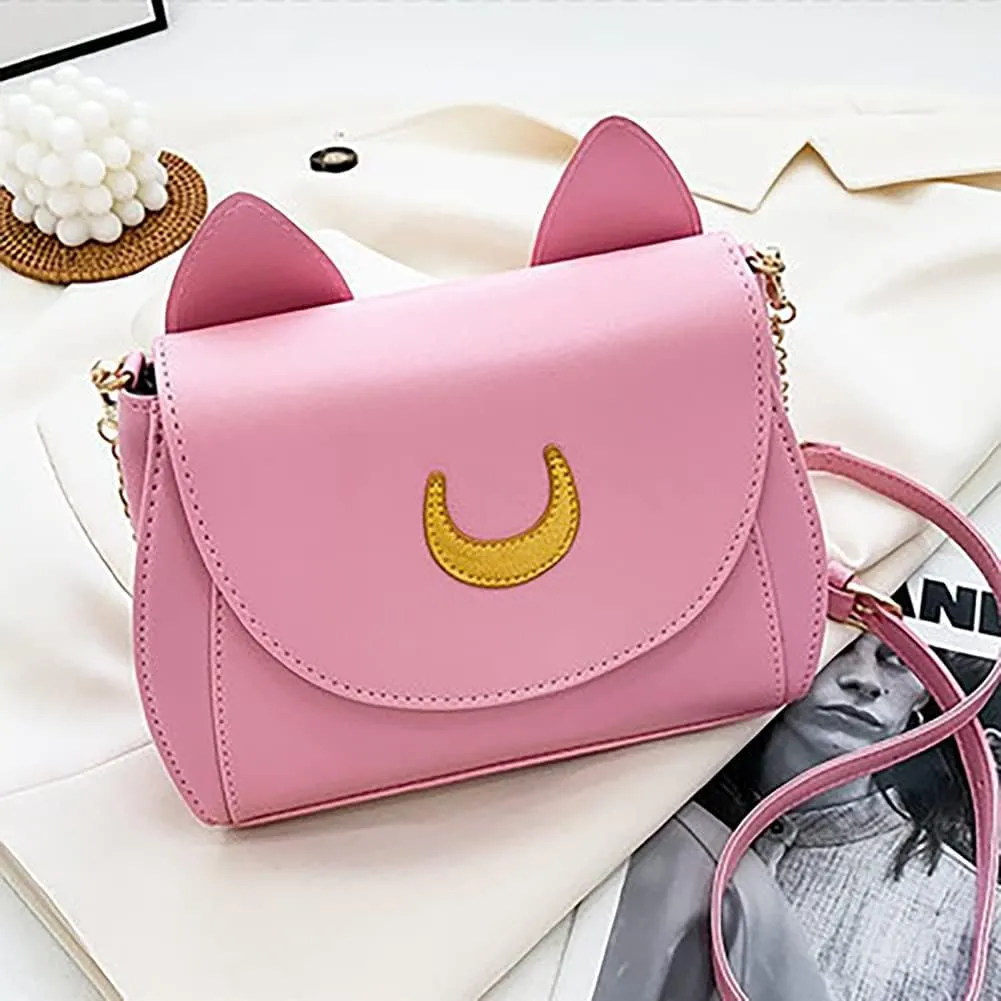 Sailor Anime Luna Crossbody Messenger Bag With Cat Ears, Women’s Moon Purses Satchel, Kawaii PU Leather Cosplay Shoulder Bag