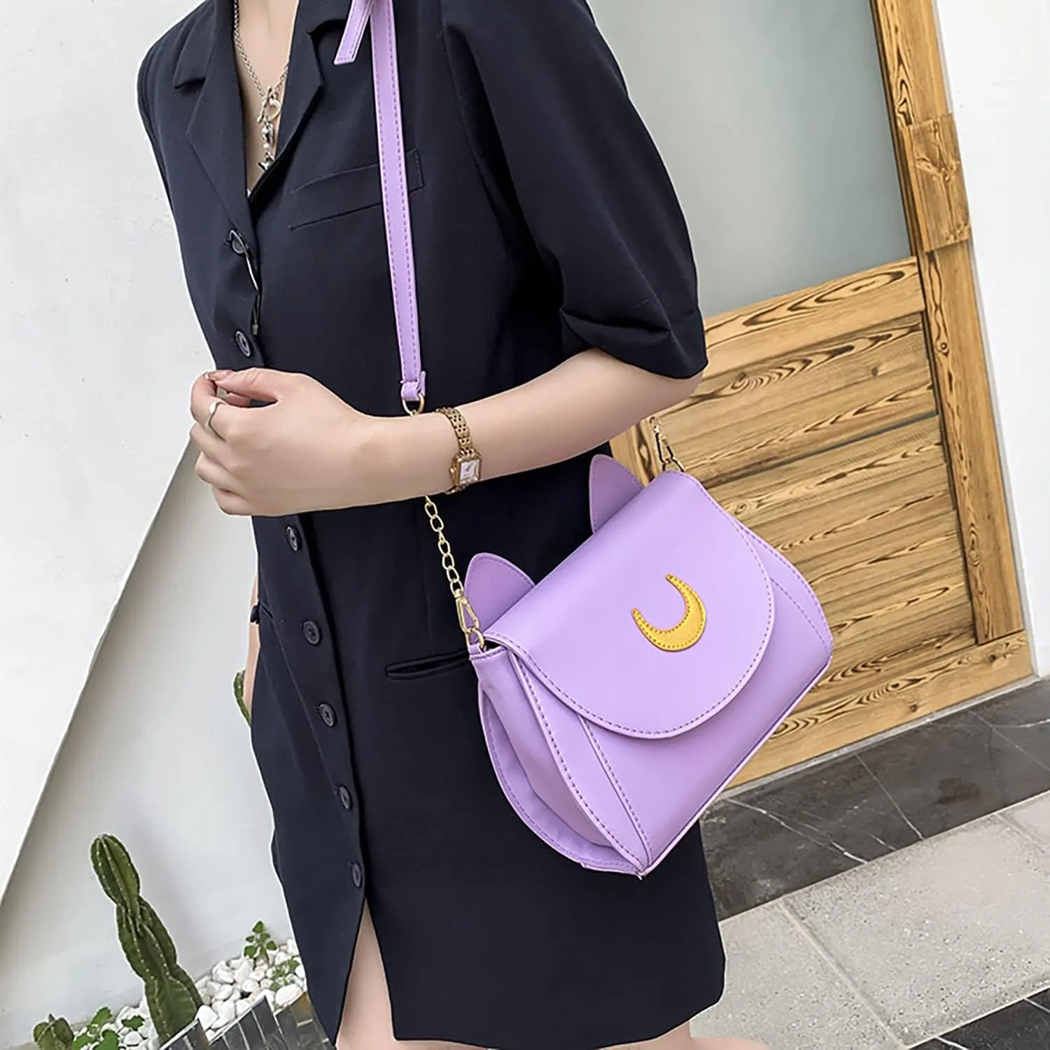 Sailor Anime Luna Crossbody Messenger Bag With Cat Ears, Women’s Moon Purses Satchel, Kawaii PU Leather Cosplay Shoulder Bag
