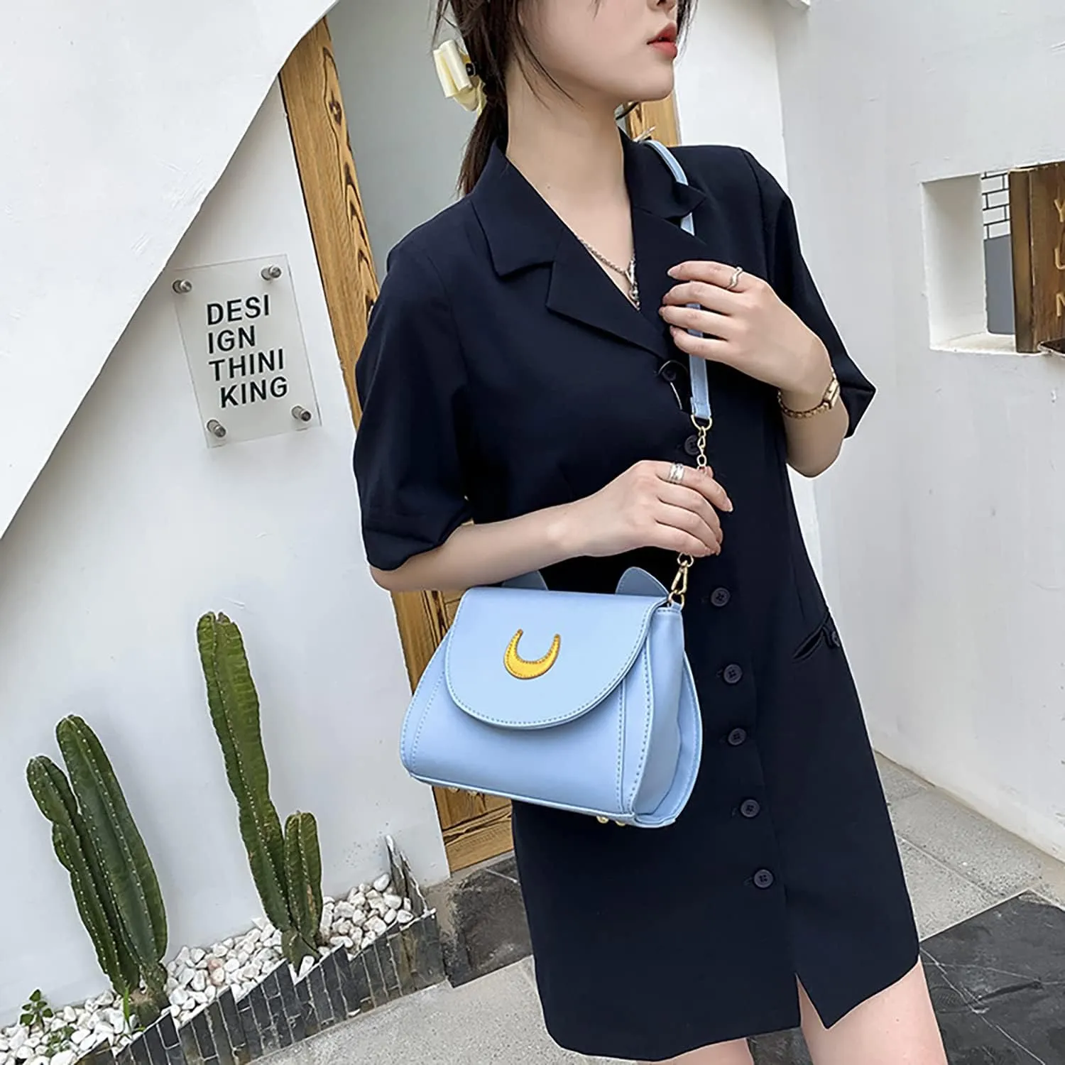 Sailor Anime Luna Crossbody Messenger Bag With Cat Ears, Women’s Moon Purses Satchel, Kawaii PU Leather Cosplay Shoulder Bag