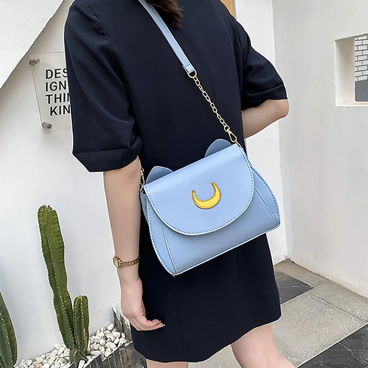 Sailor Anime Luna Crossbody Messenger Bag With Cat Ears, Women’s Moon Purses Satchel, Kawaii PU Leather Cosplay Shoulder Bag