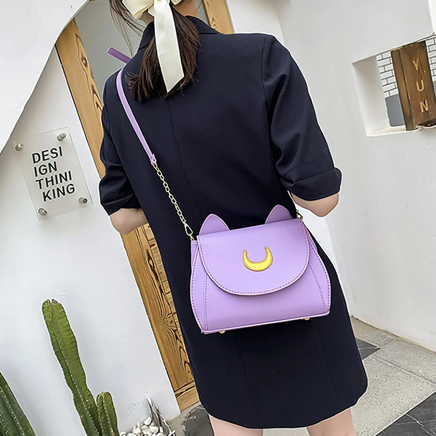 Sailor Anime Luna Crossbody Messenger Bag With Cat Ears, Women’s Moon Purses Satchel, Kawaii PU Leather Cosplay Shoulder Bag