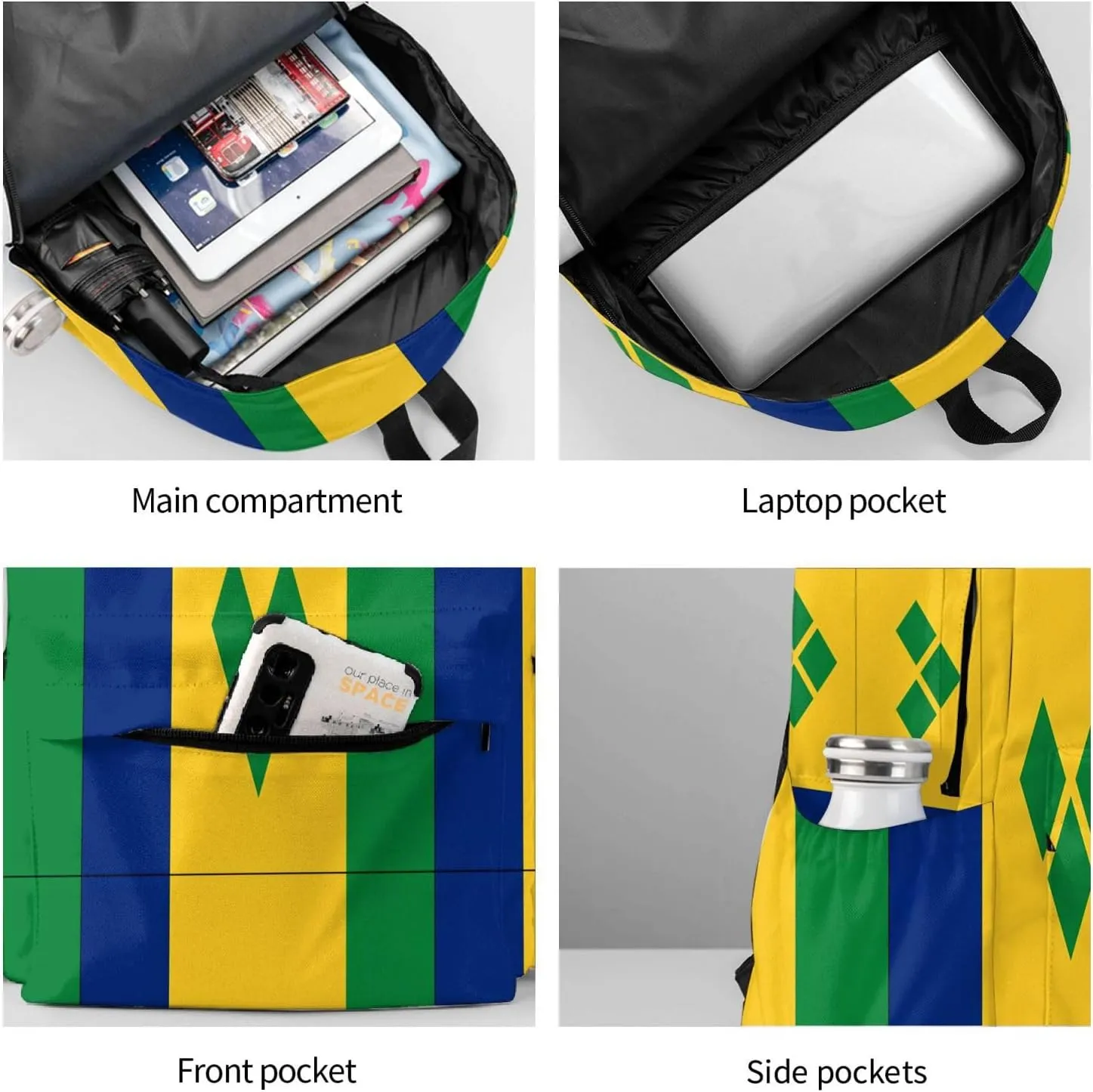Saint Vincent Grenadines Flag Casual Backpack Large Capacity Travel Backpacks Laptop Daypack Commuter Rucksack Adjustable Strap Sports Bags for Hiking Biking