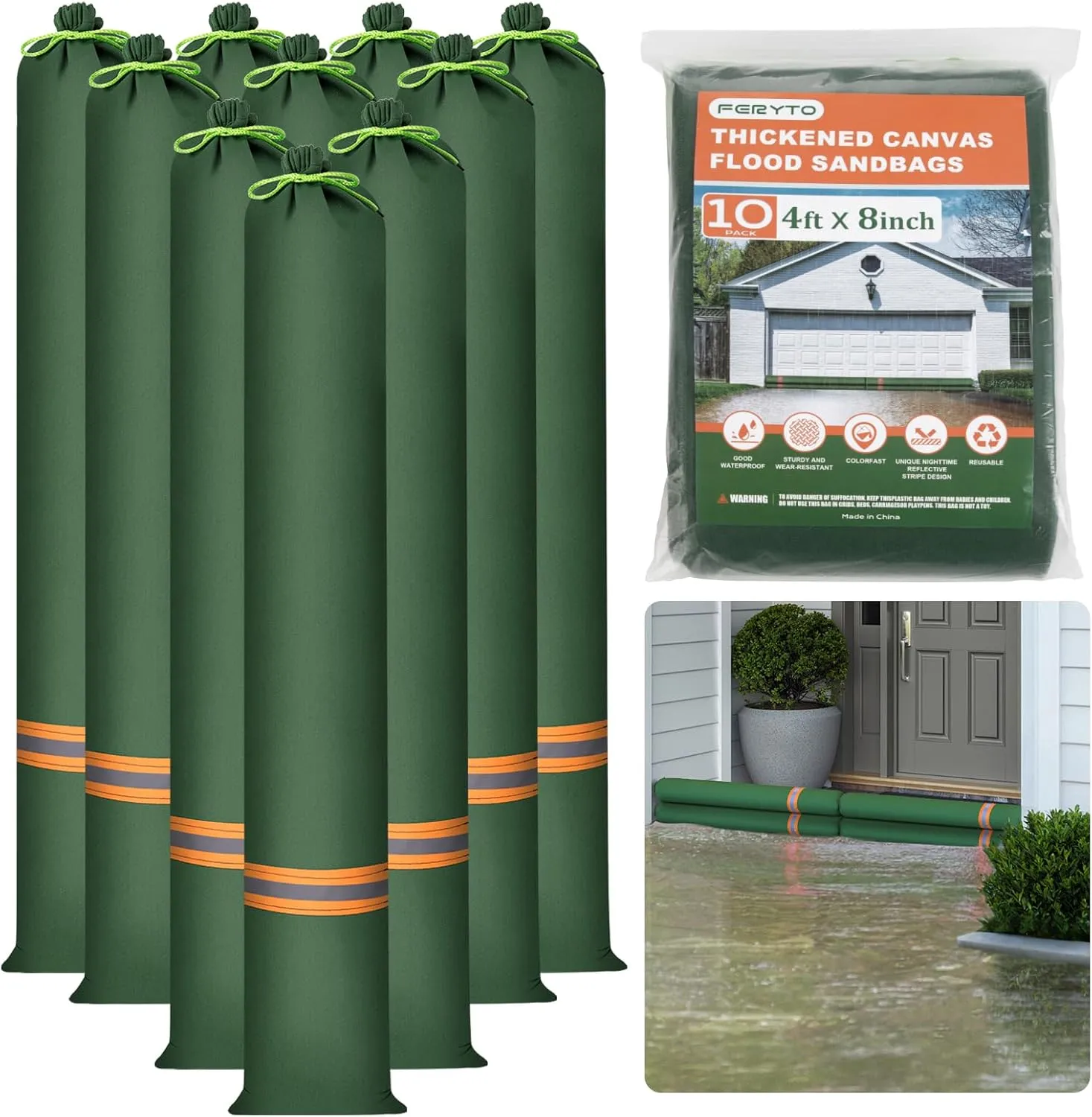 Sand Bags for Flooding - 10 Pcs 4 ft x 8 inch Thickened Long Canvas Flood Protection Sandbags Tube with Elastic Band, Reusable Flood Rain Wind Barriers Sand Bag for Indoor and Outdoor Garage
