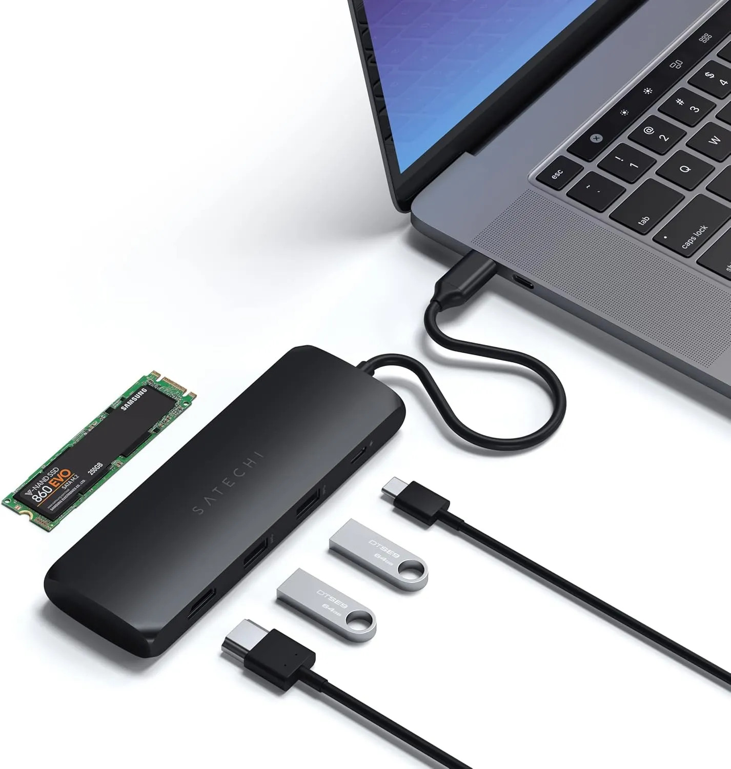 Satechi USB C Hub Multiport Adapter with M.2 SATA SSD Enclosure, 4K HDMI, 100W USB C PD Charging, 2 USB-A Data Ports, for MacBook & Windows - Black