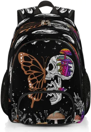 School Backpack for Men Women Skull Butterfly Mushroom Moon Phase,Laptop Backpack Bookbag for Students College Business Travel with Chest Strap 16.7 Inch