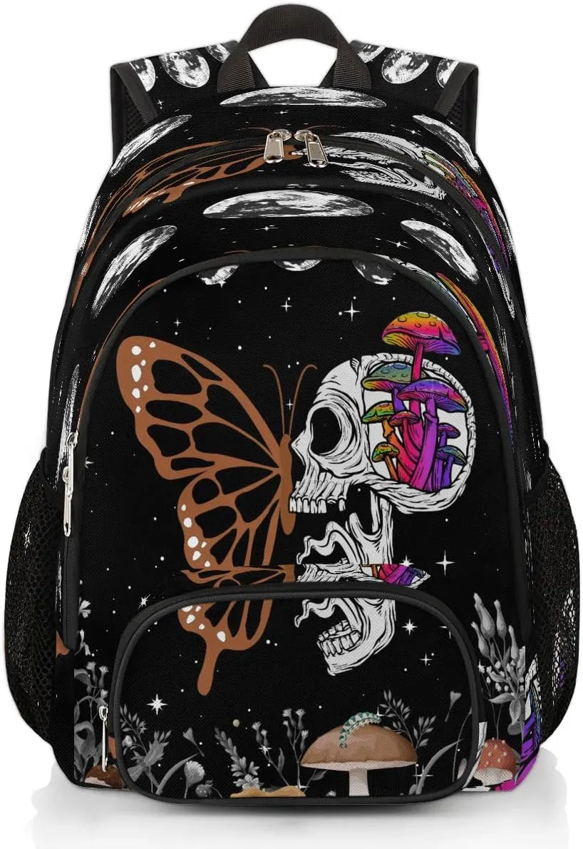 School Backpack for Men Women Skull Butterfly Mushroom Moon Phase,Laptop Backpack Bookbag for Students College Business Travel with Chest Strap 16.7 Inch