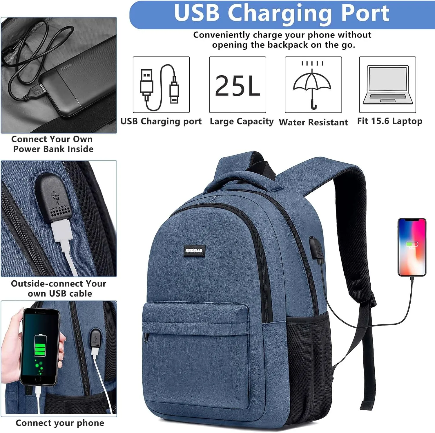 School Backpack for Teen Boys, Backpack for Men and Women 15.6 inch Laptop Backpack Large College Students Bookbag with USB Charging Port & Compartments, Blue