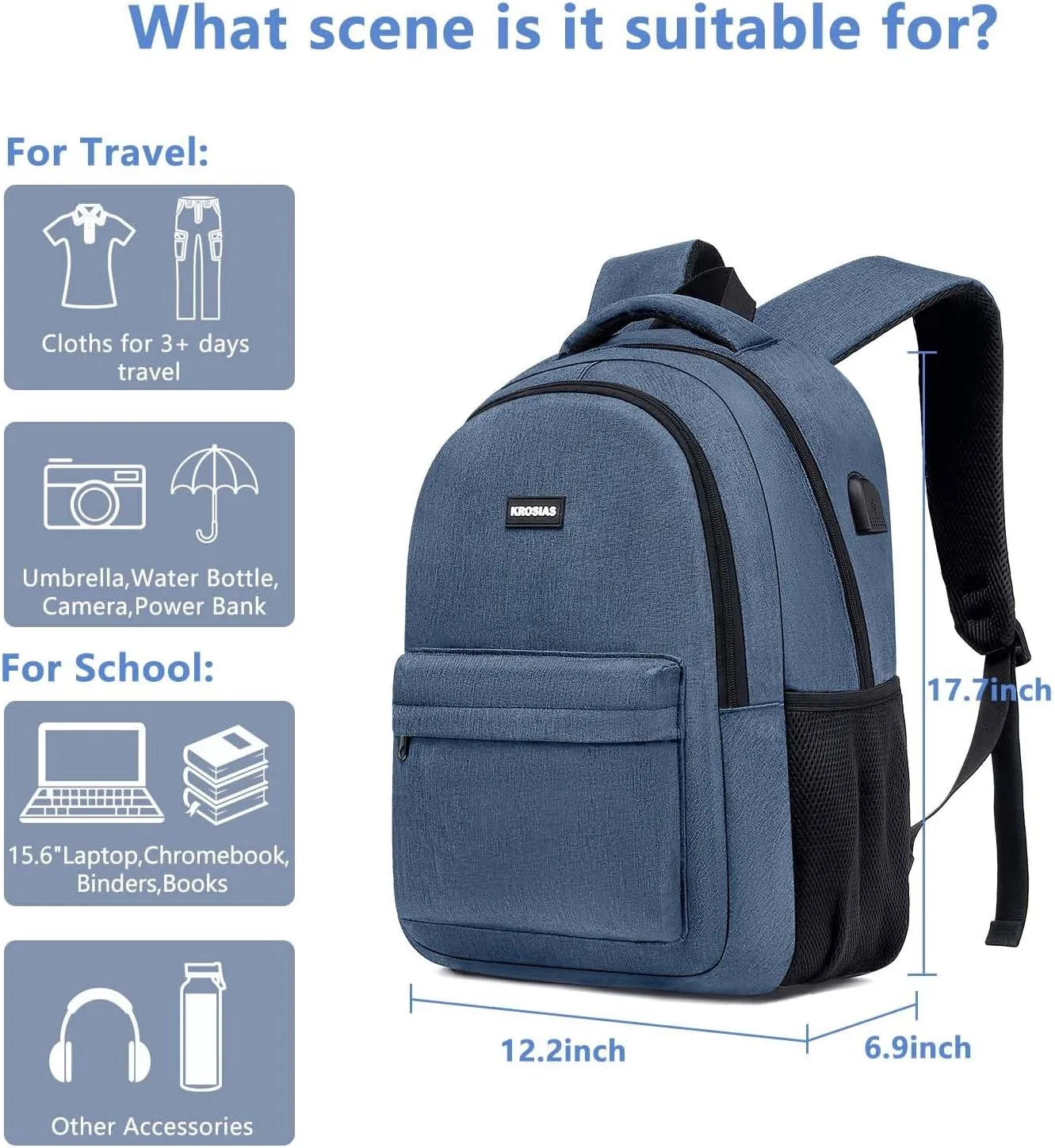 School Backpack for Teen Boys, Backpack for Men and Women 15.6 inch Laptop Backpack Large College Students Bookbag with USB Charging Port & Compartments, Blue