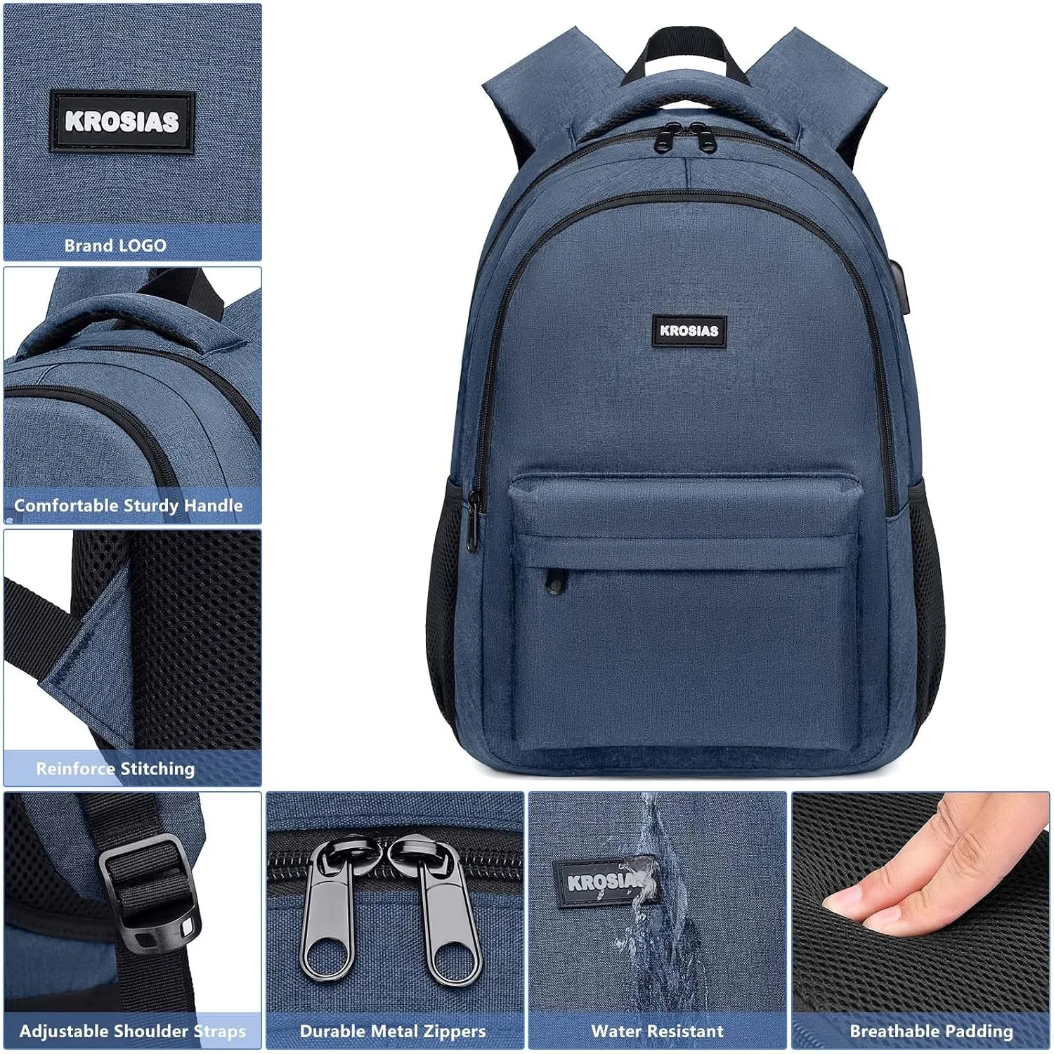 School Backpack for Teen Boys, Backpack for Men and Women 15.6 inch Laptop Backpack Large College Students Bookbag with USB Charging Port & Compartments, Blue