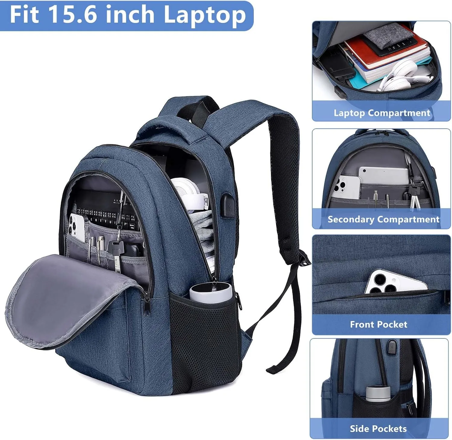 School Backpack for Teen Boys, Backpack for Men and Women 15.6 inch Laptop Backpack Large College Students Bookbag with USB Charging Port & Compartments, Blue