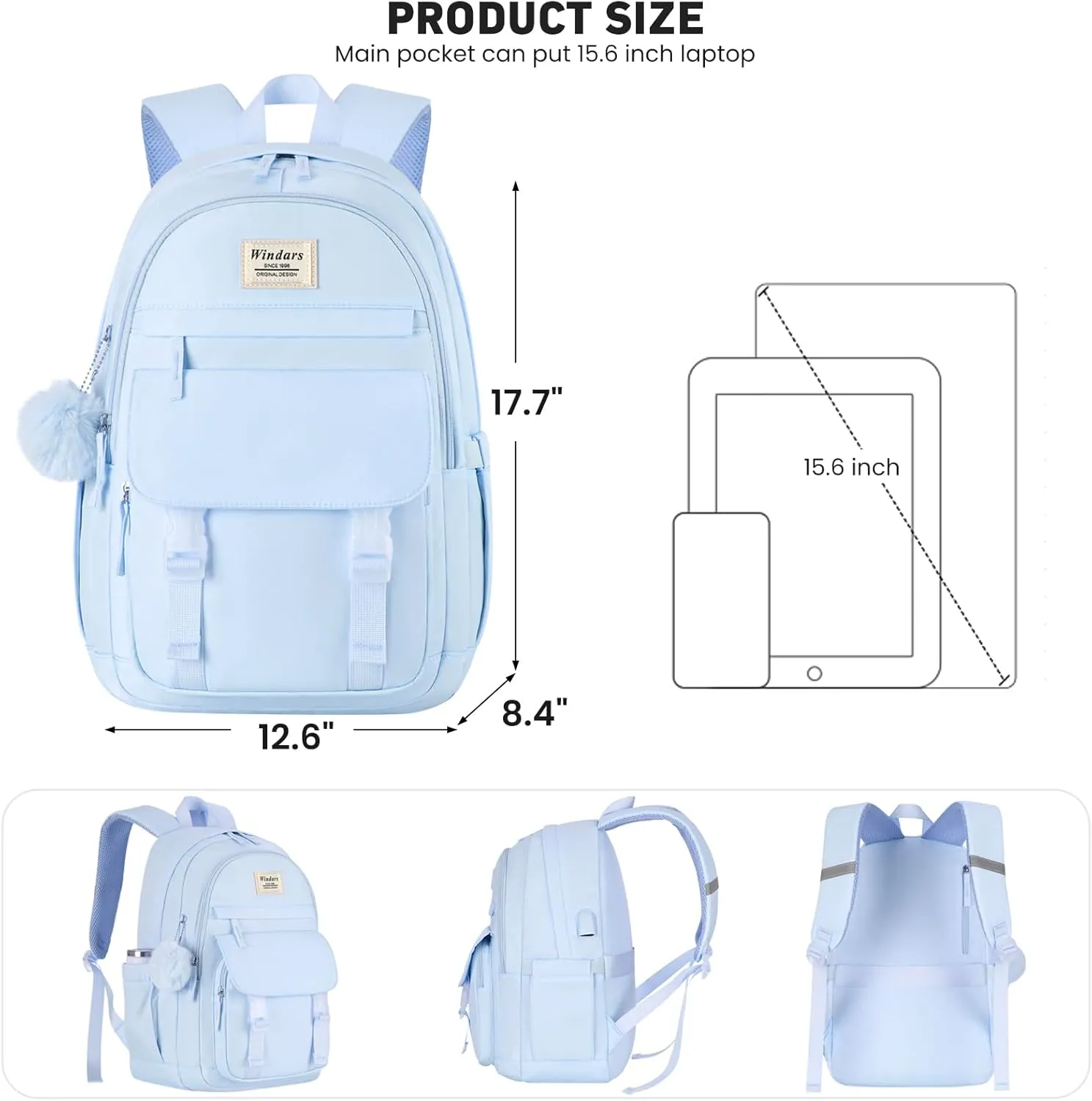 School Backpack for Teen Girls, Cute College Backpacks for Women Students Aesthetic Bookbag Large 15.6 Inch Laptop Bag Middle School Travel Back Pack (Blue)
